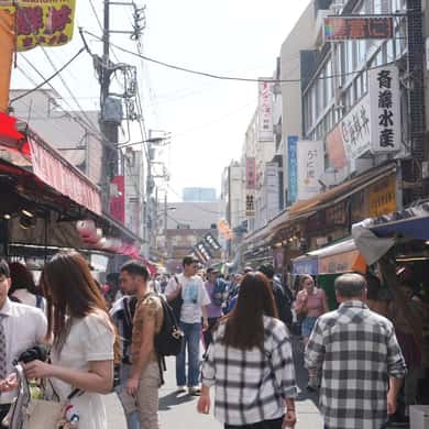 A Tsukiji Outer Market street under its overhead wires on a weekday morning
