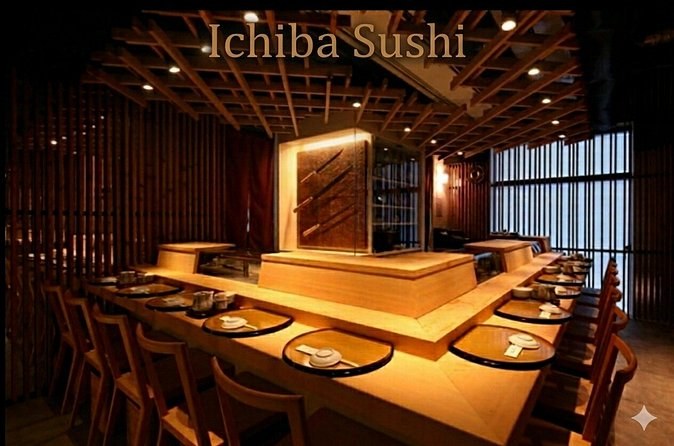 The counter of a market sushi restaurant, laid up and empty before service