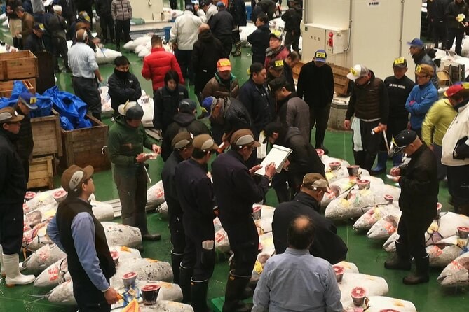 Buyers crouching to inspect the tail cut of a bluefin before bidding